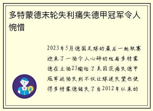 多特蒙德末轮失利痛失德甲冠军令人惋惜 多特蒙德末轮失利痛失德甲冠军令人惋惜